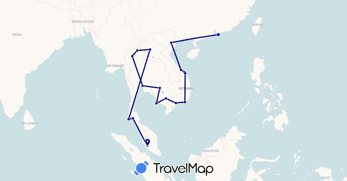TravelMap itinerary: driving in China, Cambodia, Laos, Malaysia, Thailand, Vietnam (Asia)